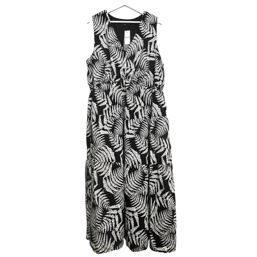Lane Bryant Maxi Dress Womens 18/20 Black White Fern Print Tiered Sleeveless